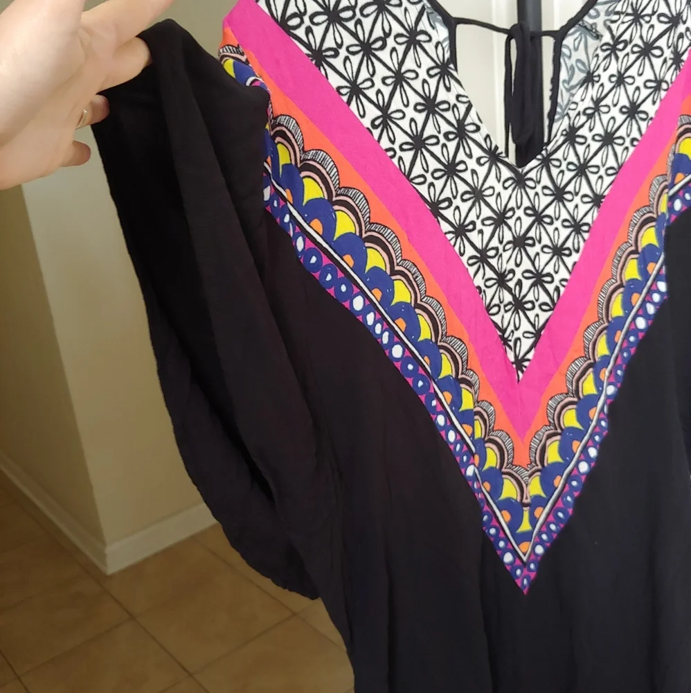 Trina Turk Black Swim Coverup with Pink and White Chevron Print